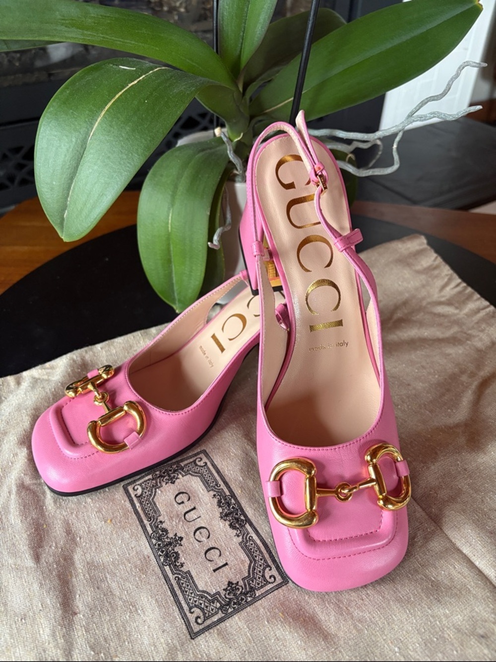 Gucci Pink Leather Horsebit Slingback Heels